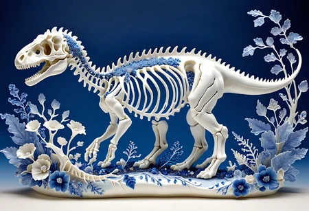 Porcelain sculpture,dinosaur skeleton,,bones, skeleton,small dinosaur ,Bluepatternporcelain ,blue fluid,gems,dried flowers,hyperrealistic,see-through
