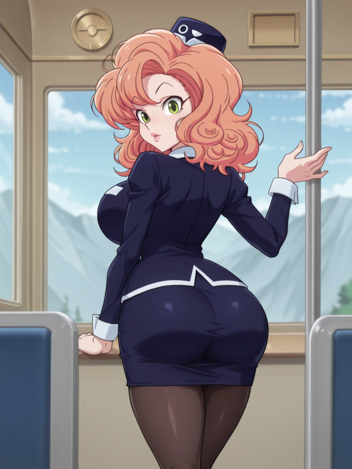 ILXLpos,CocoLooHxH, 1girl, solo,  voluptuous figure, orange hair,  curly messy hair, blue hat, green eyes, lips, white wing collar, blue bus tour guide uniform, blue shirt, large breast, long sleeves, white cuffs, blue pencil skirt, large butt, thick thighs, brown pantyhose, blue shoes,<lora:Blue that I like:1.0>,<lora:Coco Loo:0.8>