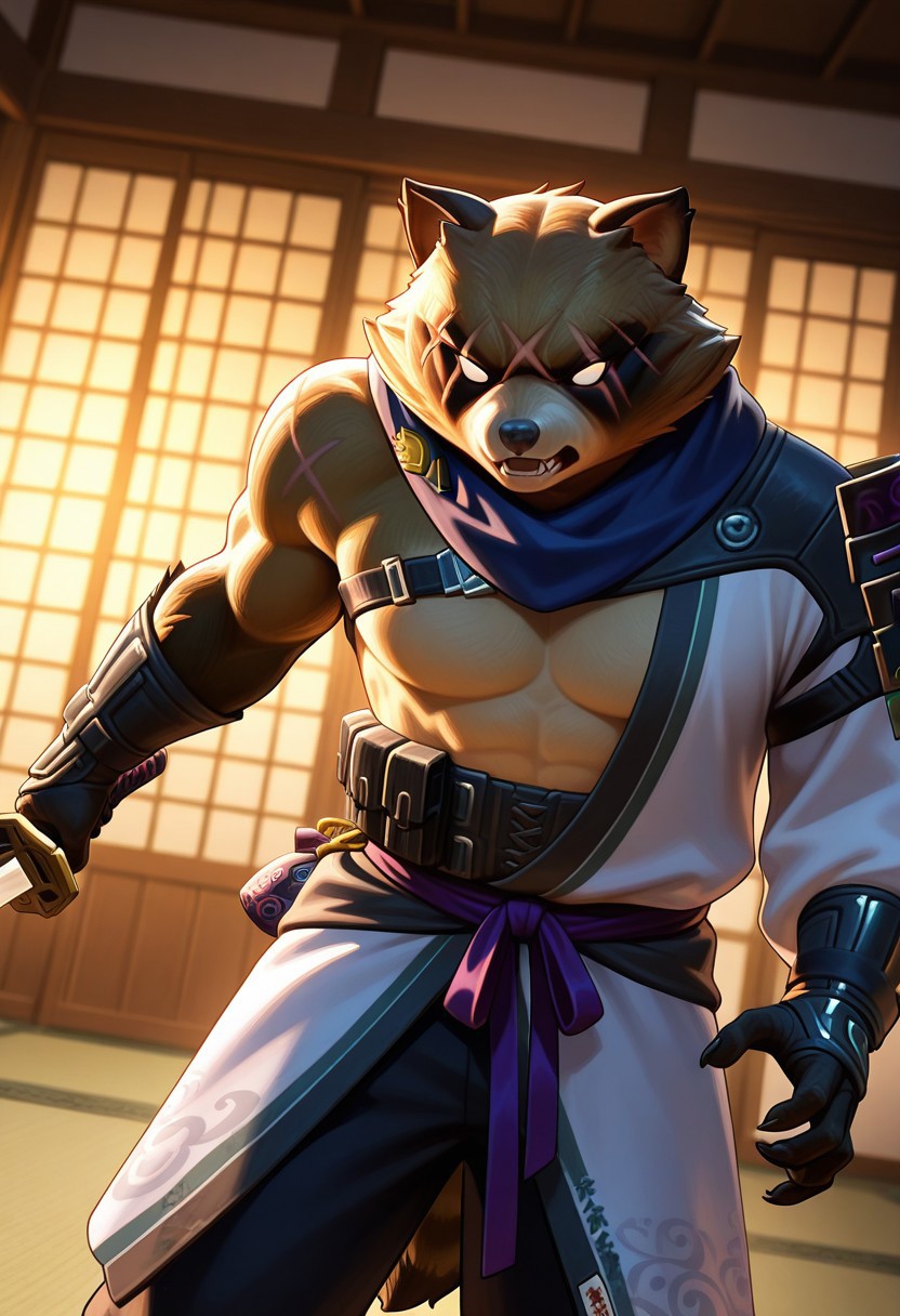 hajime, solo, furry, tanuki, perfect eyes, perfect face, angry, brown fur, tail, no pupils, white sclera, muscular, manly, mature, scar, scar on eyes, large pectorals, dynamic angle, single pauldron, gloves, holding sword, standing, action pose, japanese garden, unparalleled masterpiece, best quality, amazing quality, very aesthetic, high resolution, 4K, extremely-detailed, depth of field, high sharpness, newest, scenery, detailed fur, detailed muscles, cinematic lighting, photorealism, (soft shading),  <lora:HajimeV1:1>