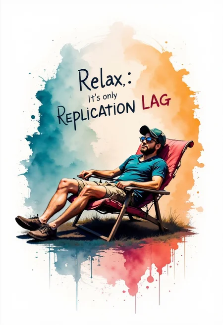 aidmainkstyle, abstract oil painting, gradient vibrant pastel colors, rough, textural, broad brush strokes, a man relaxing on a lawn chair, with sunglasses on and a cap tipped forward, and his hands up under his head. "Relax" is written above him. "It's only Replication Lag" is written below" <lora:aidmaInkStyle:1>