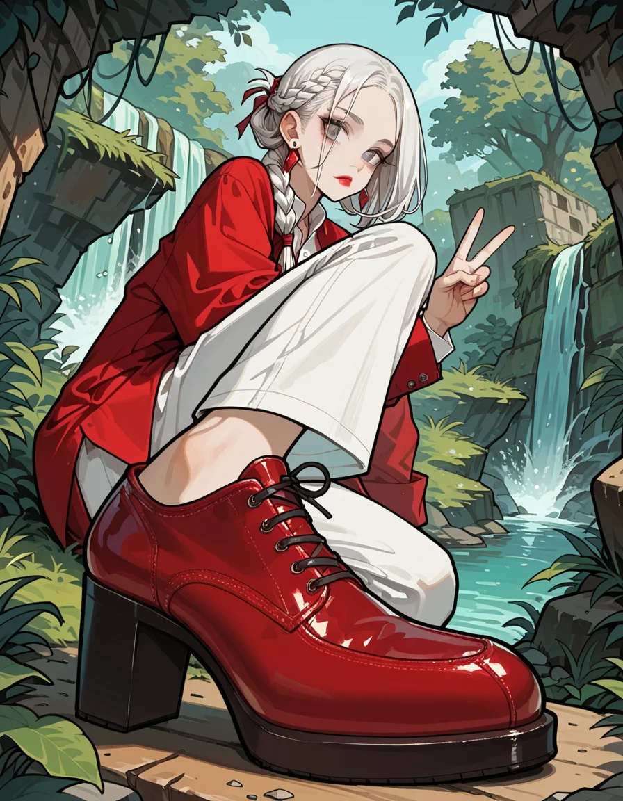 score_9, score_8_up, score_7_up, score_6_up, score_5_up, score_4_up, hud_sh03_sh0w, 1girl, solo, Crimson , high heels, Floral print button-up shirt, white cropped pants, and navy blue espadrilles, Diva, Short, Firm, Diamond-Shaped Face, Dark Skin, White Hair, Gray Eyes, Narrow Nose, Pouty Lips, Sharp Chin, Shoulder-Length Hair, Coarse Hair, Waterfall Braid, augmented breasts, Cuff earrings, red velvet lipstick, Elegant equestrian center foreshortening, looking at viewer, double v, <lora:showinshoes:0.8>, outdoors,