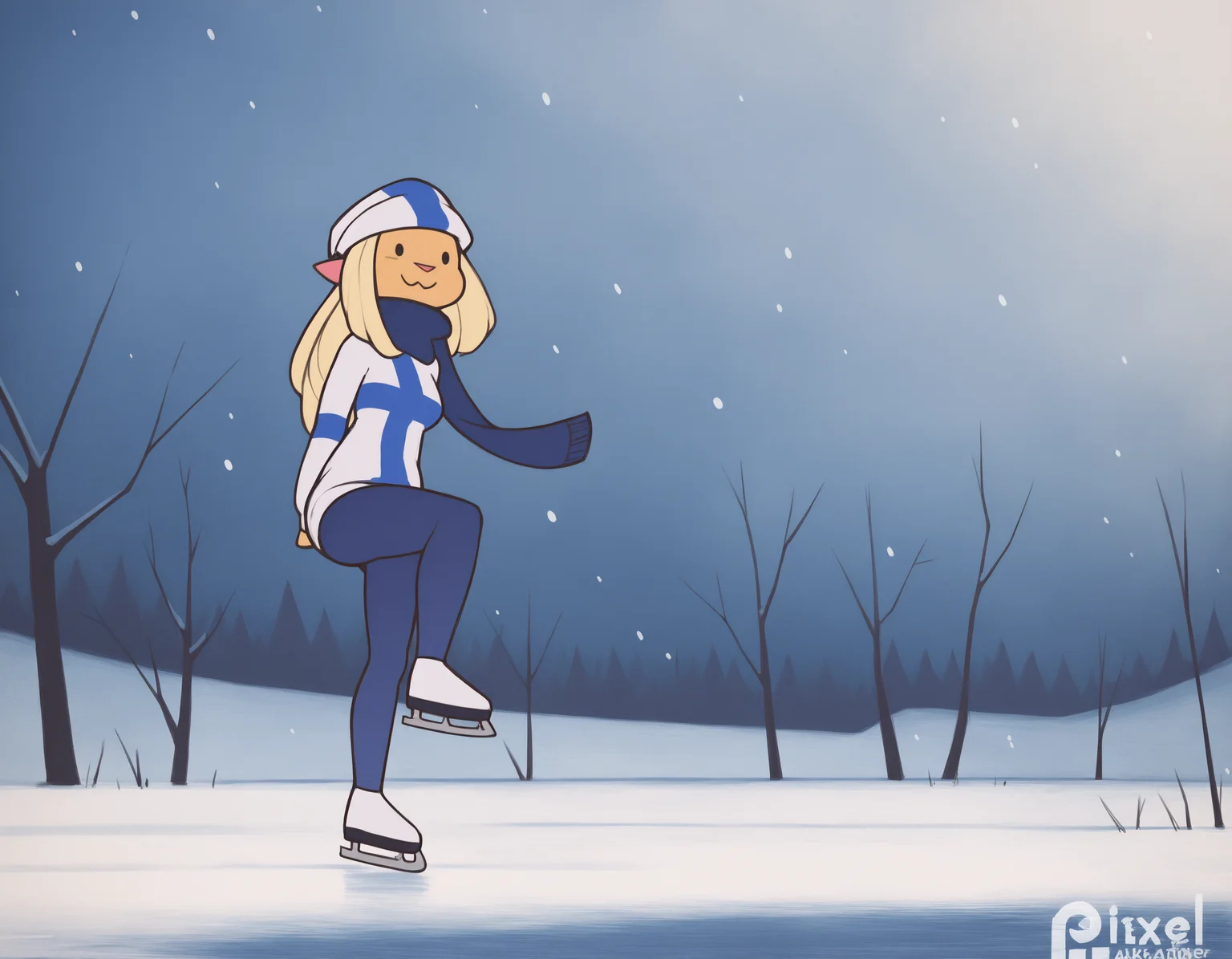 (artist: pixelsketcher:1),
masterpiece, best quality, very awa, newest, absurdres, highres, detailed background,
detailed background, outdoors, snowing, winter, tree, park, ice lake,
1girl, solo, mimmisuomi,
blonde hair, long hair, sidelocks, medium breasts, blue eyes, (solid circle eyes:1),
standing, full body, leg up, ice skating, arms behind back, ice skates, looking ahead, :3, arms at sides, flag print, finnish flag, sweater, beanie, yoga pants,
<lora:mimmi 2550 steps:1>