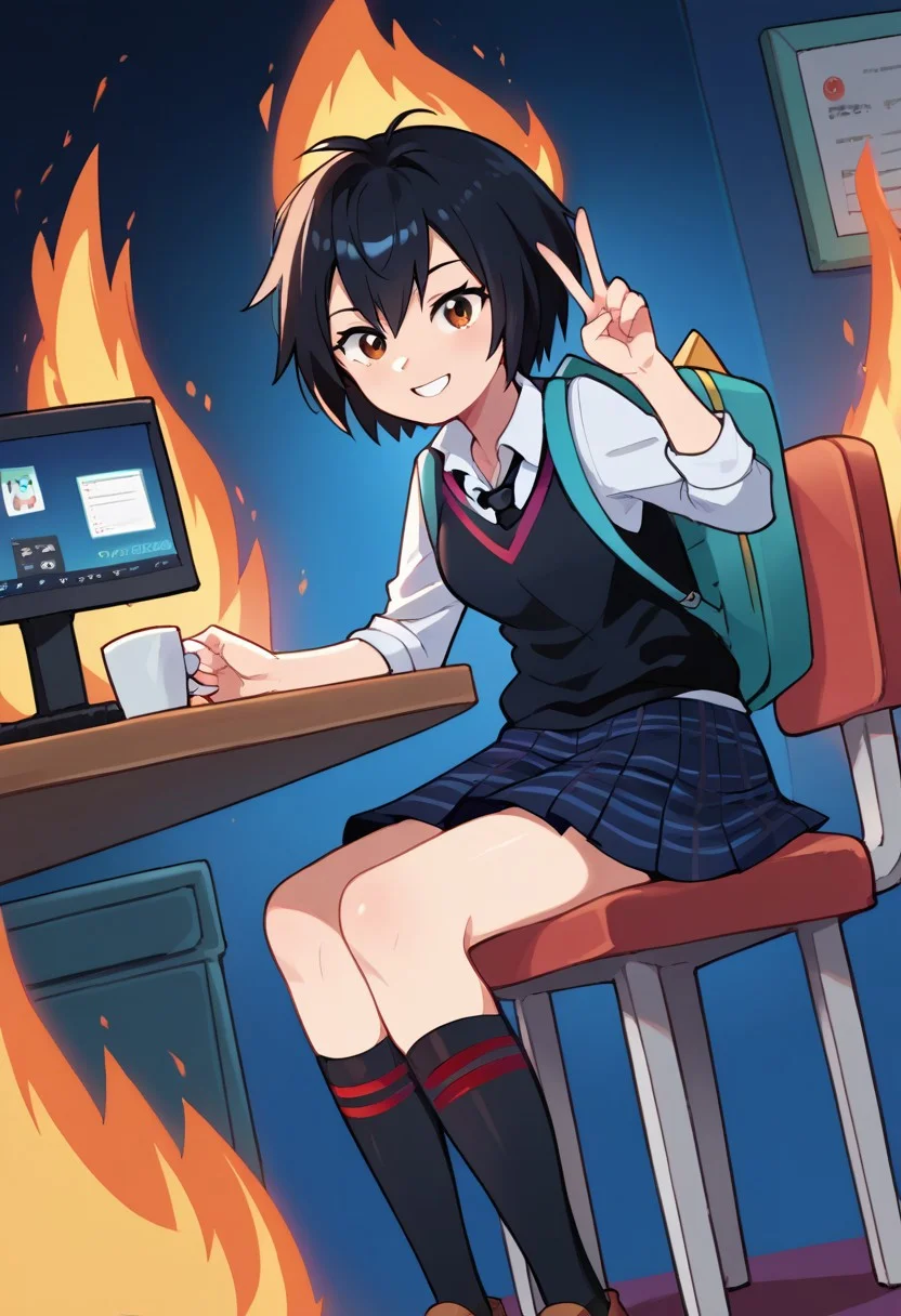 score_9, score_8_up, score_7_up, source_anime, show accurate, solo, 1girl, sexy girl, peni, white shirt, black vest, blue backpack, plaid skirt, black socks, v sign, blue background, computer room, fire, sitting, burning, table, chair, cup, dutch angle, portrait, close up, (best quality:1.2) (insane quality:1.1)