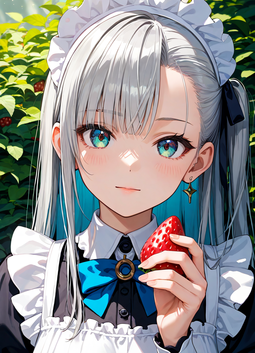 score_9, score_8_up, score_7_up , source_anime ,masterpiece, best quality, perfect anatomy , very aesthetic , official art,BRAKE
1girl, solo, silver hair, one side up, long hair, asymmetrical bangs, maid's outfit, close-up of face, looking at viewer, holding strawberry, in hand, strawberry,