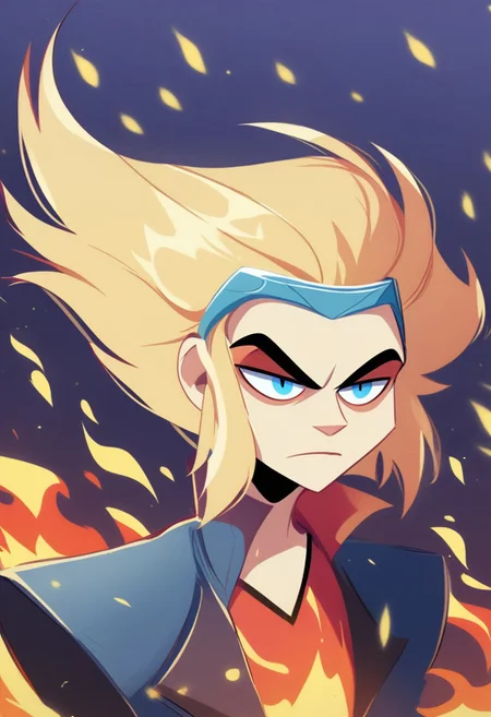 HCSV1,
1boy, solo, portrait, circlet, lips, expressionless, serious, nose, blonde hair, medium hair, blue eyes, closed mouth, gradient background, multicolored background, male focus, gradient, forehead protector, manly, eyebrows, fire, vest, embers
