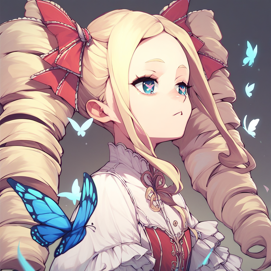 score_9, score_8_up, score_7_up, score_6_up, score_5_up, score_4_up, 1girl, Beatrice, long hair, twin drill hair, side locks, blonde hair, symbol shaped pupils, butterfly pupils