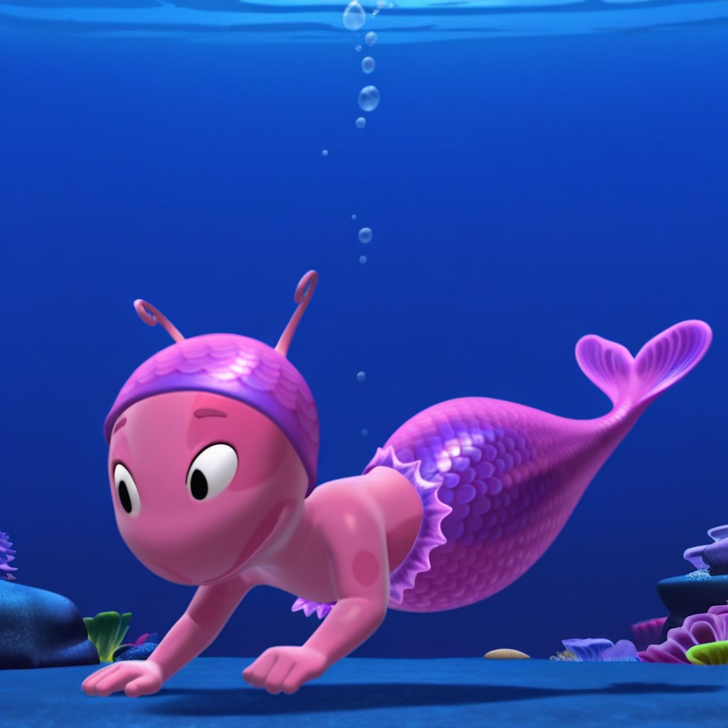 masterpiece, best quality, amazing quality, UniquaBil, anthro, female, pink skin, black eyes, antennae, purple mermaid costume, purple cap, underwater, swimming, full body  solo, 1girl,