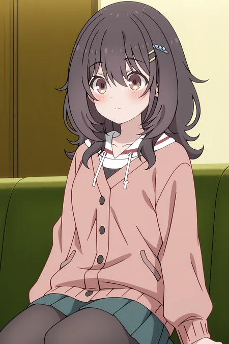volumetric lighting, official style, amazing quality, ultra detailed, highres, detailed background, anime screenshot, anime screencap, anime coloring, masterpiece, detailed face,1girl  <lora:mako_kawai__-15:0.9>mako_kawai, mako_kawai(outfit 3), black hair, salmon colored cardigan, solo, medium hair, hairclip, hair ornament, white hoodie with red trim, green pleated skirt, bangs, closed mouth, brown and yellow eyes, black pantyhose, hair between eyes, sitting, blush