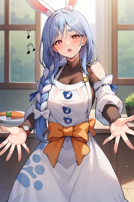 score_9, score_8_up, score_7_up, uncensored, source_anime, 1girl, mature female, <lora:sppekomamadefXLPony:1> pekomamadef, thick eyebrows, bunny-shaped pupils, rabbit ears, animal ear fluff, apron, dress, detached sleeves, bow, carrot hair ornament, :o, blush, looking at viewer, open mouth, outstretched hand, solo, sweat, blurry, blurry background, cowboy shot, musical note, watch