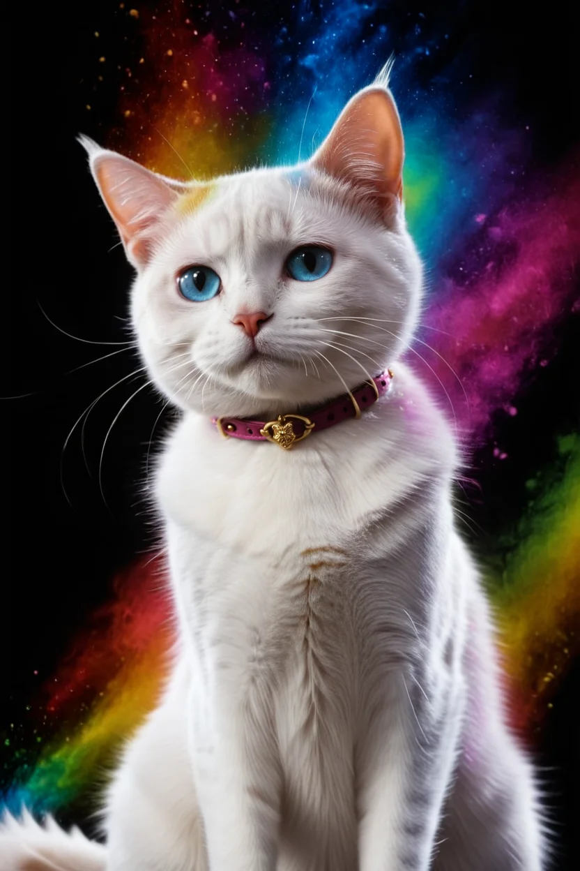 cinematic film still portrait of gentle duchess (the aristocats), rainbow splash, pretending, black background <lora:colorSplash:1> . shallow depth of field, vignette, highly detailed, high budget Hollywood movie by ryan coogler, bokeh, cinemascope, moody, epic, gorgeous, film grain, grainy