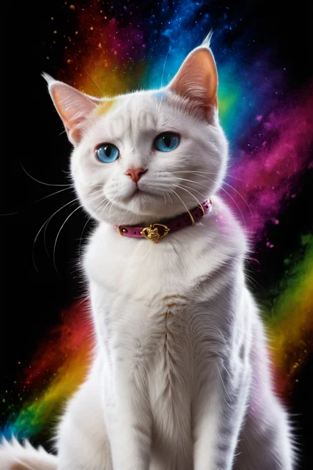 cinematic film still portrait of gentle duchess (the aristocats), rainbow splash, pretending, black background <lora:colorSplash:1> . shallow depth of field, vignette, highly detailed, high budget Hollywood movie by ryan coogler, bokeh, cinemascope, moody, epic, gorgeous, film grain, grainy