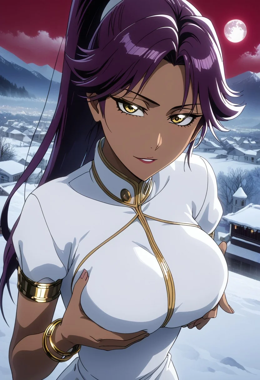 long hair, black pupils, purple hair, ponytail, dark skin, dark-skinned female, high ponytail, yellow eyes, high ponytail, high definition, detailed eyes, TiteKuboStyle, TiteKuboAnimeStyle, BleachTybwStyle, vslinxbleachtybw
OUTFIT:
white dress, gold armlet, gold bracelets, highly detailed, highres, high quality, best quality, volumetric lighting, UHD, skin texture, skin detail, high quality skin, highly detailed.
BEHAVIOR:
mature female, dutch angle, high angle, <lora:narrowed-eyes-ponyxl-lora-nochekaiser:1>, narrowed eyes. looking at viewer, hands on breasts, holding breasts.
BACKGROUND:
ice, frozen city, very cold, very steam, storm, volcanoes, eruptions, dark atmosphere, big moon, red sky, night day, darkness, snow.