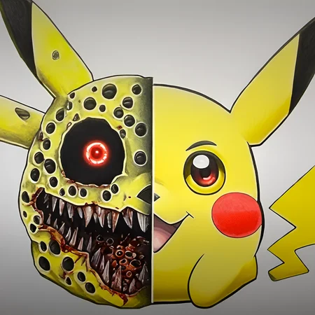 A drawing of Pikachu, in the style of JordanPersegati, split style drawing, trypophobia, glowing eye, smiling, covered in blood, lumpy, horror, white background <lora:Jordan_Persegati_V2:1>