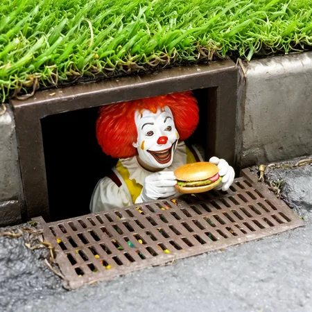 raw photo,film photo,film grain,(Ronald McDonald:1.3) in the sewer,grin, shadow, (holding hamburger:1.4),<lora:Pennywise_in_the_sewer:1>