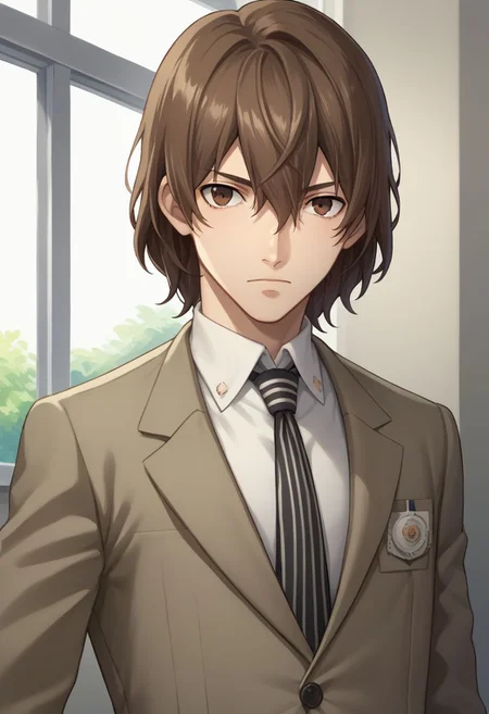 score_9, score_8_up, source_anime, highly detailed, 1boy, solo, male_focus,
goro, brown hair, male focus, 1boy, necktie, brown eyes, school uniform, formal,
looking at viewer, suit, hair between eyes, shirt, collared shirt, jacket,
striped necktie
inside,