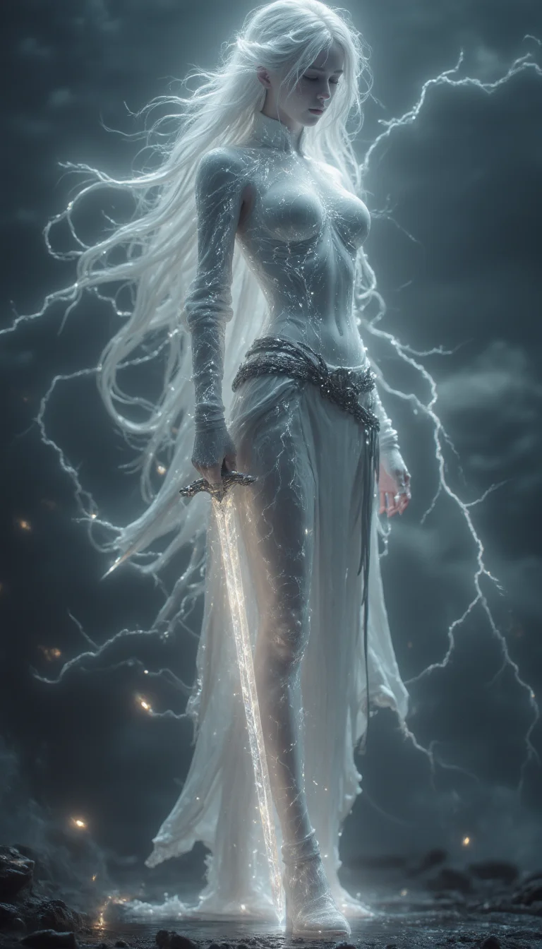 bailing_lightning, 1girl, composed of elements of thunder,thunder,electricity,A magic sword knight,composed of elements of thunder,thunder,electricity,His form is barely tangible,with a soft glow emanating from his gentle contours,The surroundings subtly distort through her ethereal presence,casting a dreamlike ambiance,white lightning,Surrounded by thunder and lightning elemental magic,