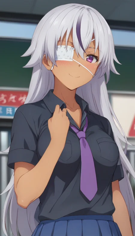 score_9,score_8_up,score_7_up,score_6_up BREAK official art,solo,outdoors,upper body,(portrait:1.5),looking at viewer,facing viewer,smile,blush,dark-skinned female,Murasame Shiho,very long hair,grey hair,hair between eyes,parted bangs,purple eyes,eyepatch,collarbone,school uniform,black shirt,collared shirt,purple necktie,short sleeves,medium breasts,skindentation,miniskirt,blue skirt,pleated skirt,white socks,loafers,<lora:Murasame Shiho(dhh)-Pony:1.8>,