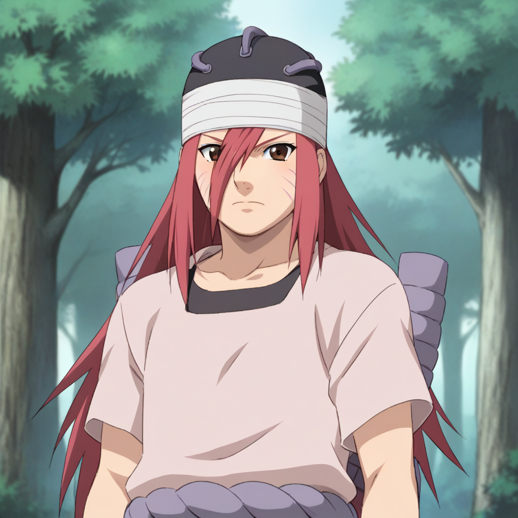 score_8_up, BREAK, 1girl, solo, tayuya, red hair, long hair, brown eyes, tunic, upper body, outdoors, forest,  <lora:Tayuya_Naruto_PXL_Leaf1:1>, arms at sides,