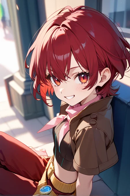 score_9, score_8_up, score_7_up, very aesthetic, source_anime, detailed,
street, blurry background,
sitting, grin, looking at viewer, blush.
from side, from above,
<lora:iria_autismConfetti_v02:1>iriaBase, short hair, red eyes, red hair,
red pants, brown cropped jacket, short sleeves, midriff, yellow belt, pink neckerchief,, zPDXL