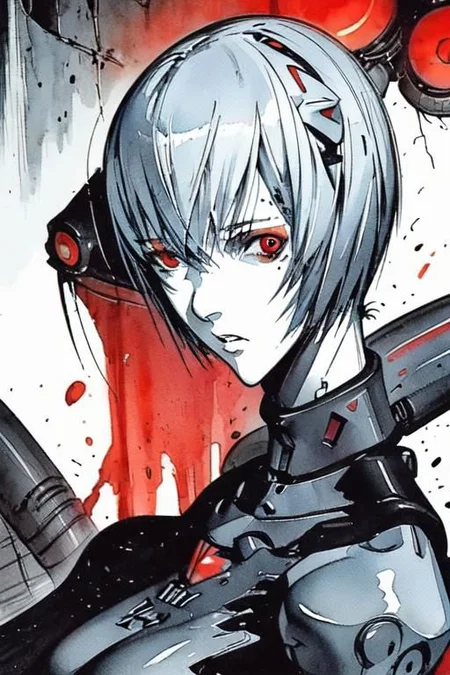<lora:blame5:1>, cyborg rei ayanami, (ayanami rei:1.2), blue hair, short hair, (red eyes:1.3), portrait, dim light, ((heavy black and white)), only head portrait, blame, full of tubes, biomechanical, giger, horror, mechanical, tubes and metal, rei ayanami, (ayanami rei:1.2), blue hair, short hair, (red eyes:1.3),, bodysuit, headgear, plugsuit, black bodysuit, , hand drawn, pencil drawn, watercolor, painting, handmade