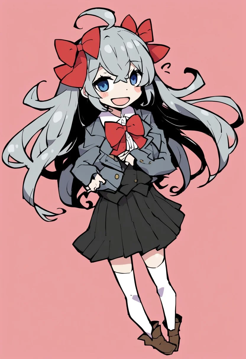 dowman sayman, alisa mikhailovna kujou, tokidoki bosotto roshia-go de dereru tonari no alya-san, 1girl, :d, ahoge, arm at side, black skirt, black vest, blue eyes, blush, bow, bowtie, brown footwear, buttons, chibi, chibi only, collared shirt, copyright notice, crossed bangs, double-breasted, full body, grey hair, grey jacket, hair ribbon, jacket, lapels, long hair, looking at viewer, notched lapels, open clothes, open jacket, open mouth, pleated skirt, red bow, red bowtie, red ribbon, ribbon, shirt, simple background, skirt, smile, solo, thighhighs, vest, white background, white shirt, white thighhighs