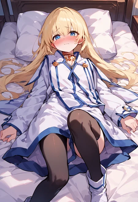 score_9,score_8_up,score_7_up,source_anime,zPDXL,bedroom,nervous,blush,
*//*,1girl,blonde hair,long hair,blue eyes,black pantyhose,white dress,white boots,(red jewelry:1.2),<lora:ColetteBrunel:1>,
*//*,lying,on back, half undress,