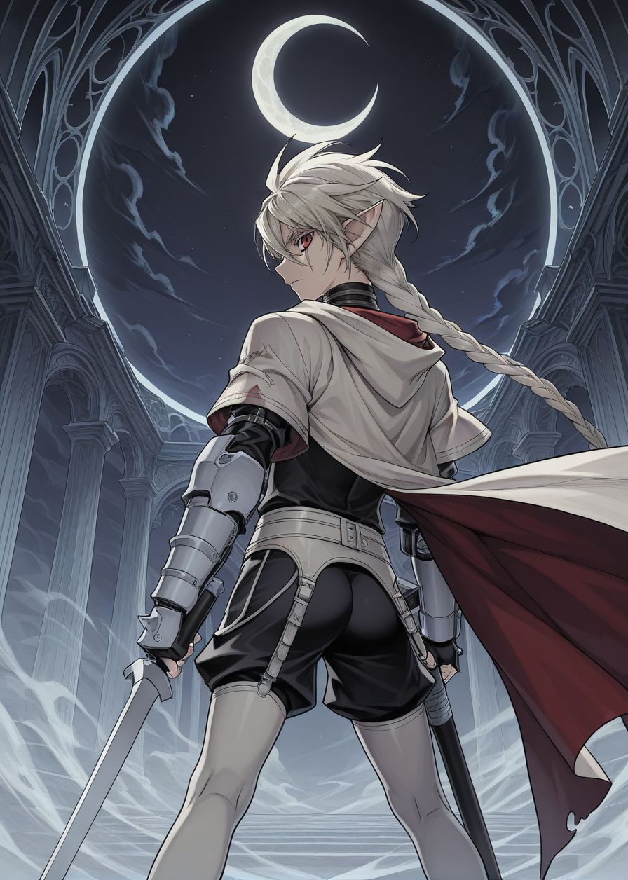 masterpiece, best quality, arms at sides, male focus, 1boy, male, gothic background, night, solo, (concept art:1.2), fighting stance, holding sword, ass, facing away, looking back, crescent moon, 
<lora:Koinzell:0.8>, Koinz0l, red eyes, platinum blonde hair, scar across eye, pointy ears, twin braid, platinum blonde eyelashes, cape, hooded cloak,