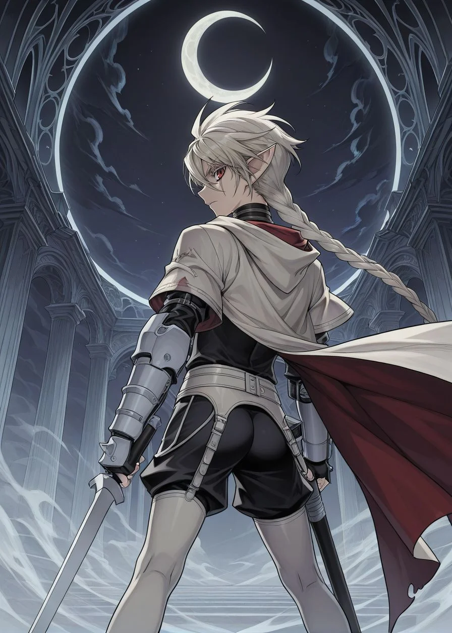 masterpiece, best quality, arms at sides, male focus, 1boy, male, gothic background, night, solo, (concept art:1.2), fighting stance, holding sword, ass, facing away, looking back, crescent moon,
<lora:Koinzell:0.8>, Koinz0l, red eyes, platinum blonde hair, scar across eye, pointy ears, twin braid, platinum blonde eyelashes, cape, hooded cloak,