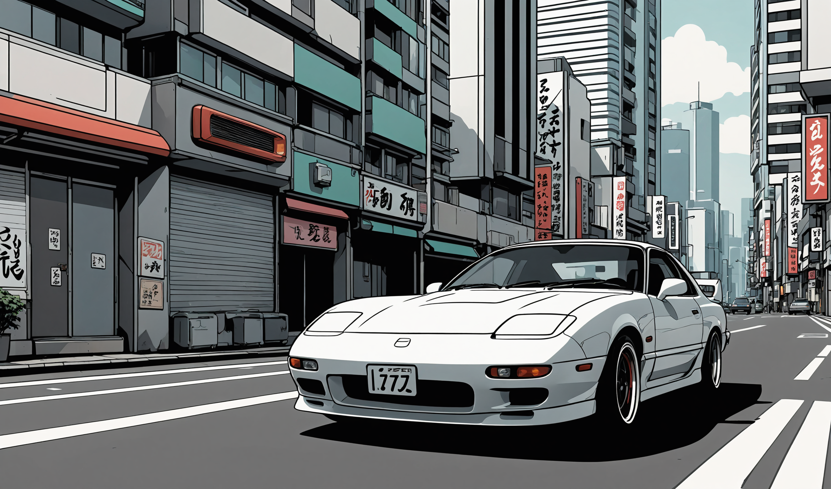 Mazda RX-7 parked in japan city, JDM drift, 90s japan, (front photo:1.2), skyscraper in background, back front view, simple anime style, 2D, celshading, thick lineart, heavy black ink lines, posterized, flat color, celshading, toonshading, Cartoon Rendering, Flat Shading, Graphic Novel Style, minimal shading, flat shading, hard color shading