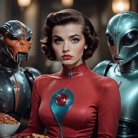 Score_9, score_8_up, score_7_up, score_6_up, BREAK <lora:40sTechnicolorCyberpunkPony:1> ArsMovieStill, movie still from a technicolor 1940s cyberpunk film, The image shows a woman in a red dress sitting next to a robot with a bowl of food in front of them. The background is blurred giving the image a dreamy ethereal feel., 1girl, brown hair, looking at viewer, 1boy, realistic, blurry, short hair, lips, blurry background, blue eyes