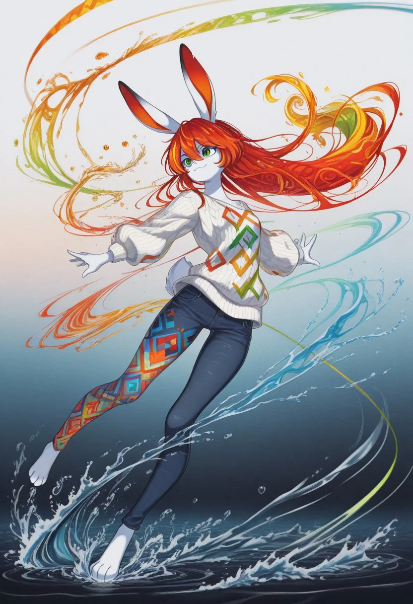 (masterpiece, gradient, recent, good_quality, high_quality, newest, very aesthetic, vibrant_background, abstract_background, colorful, surreal, anime_coloring:1, vectortrace:1, flat_colors:1,rabbit girl,furry,red hair,white rabbit ear,solo,add detailed eyes,green eyes,dressed,happy,long hair,roll-up sweater,jeans,BV-Illu,Dynamic pose, midnight blue gradient background, water,