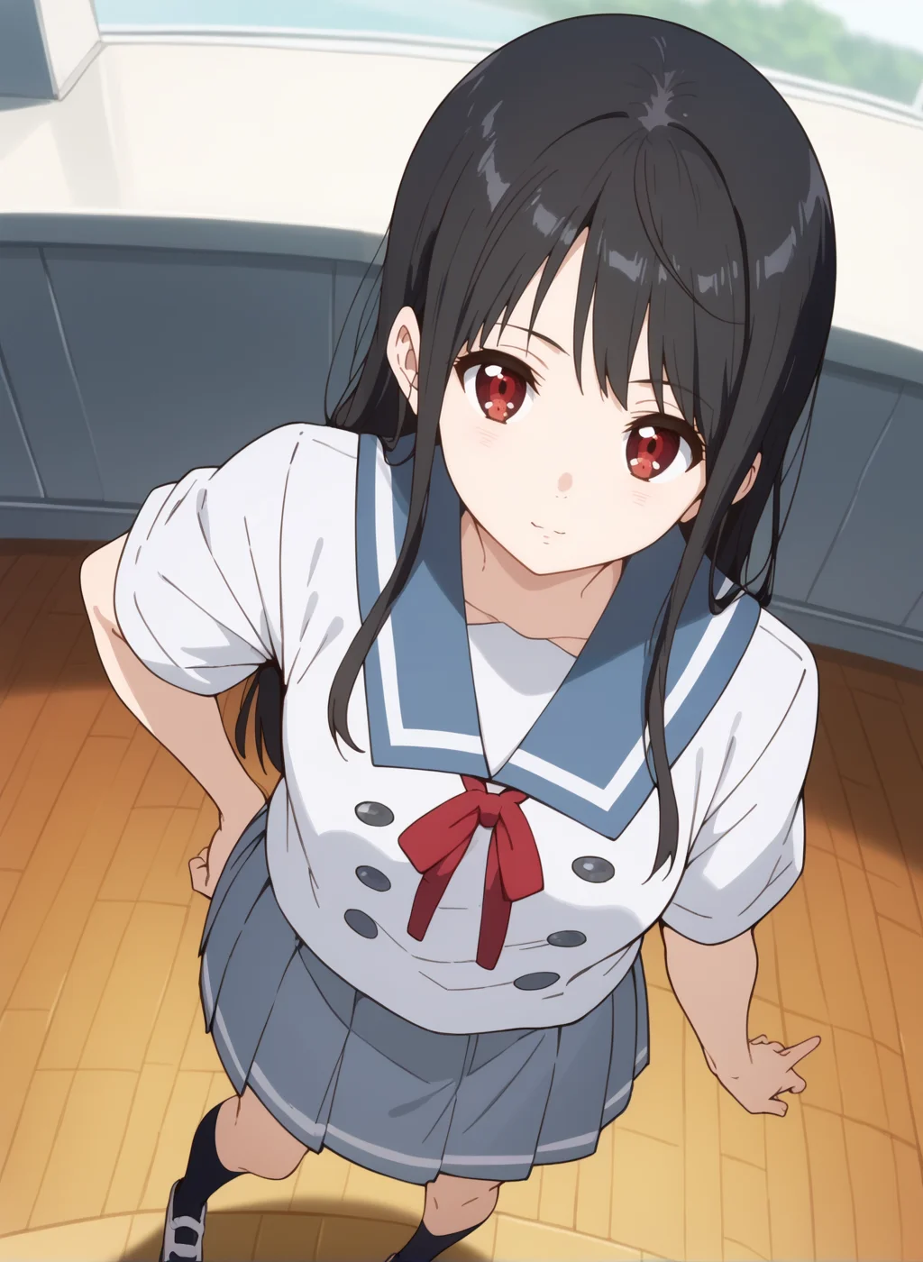 score_9,score_8_up,score_7_up,source_anime,anime,nsfw,rating_explicit,uncensored,High quality,Ultra detailed,best quality,insanely detailed,beautiful,masterpiece,perfect lighting BREAK
<lora:nase_mitsuki_V1:1>,(nase_mitsuki, long hair, black hair, red eyes,school uniform,blue sailor collar,grey skirt,neck ribbon,pleated skirt,sailor collar,serafuku,shirt,shoes,short sleeves,white shirt,socks),1girl,solo,giggling,standing,indoors,looking_at_viewer,solo_focus,from_above,