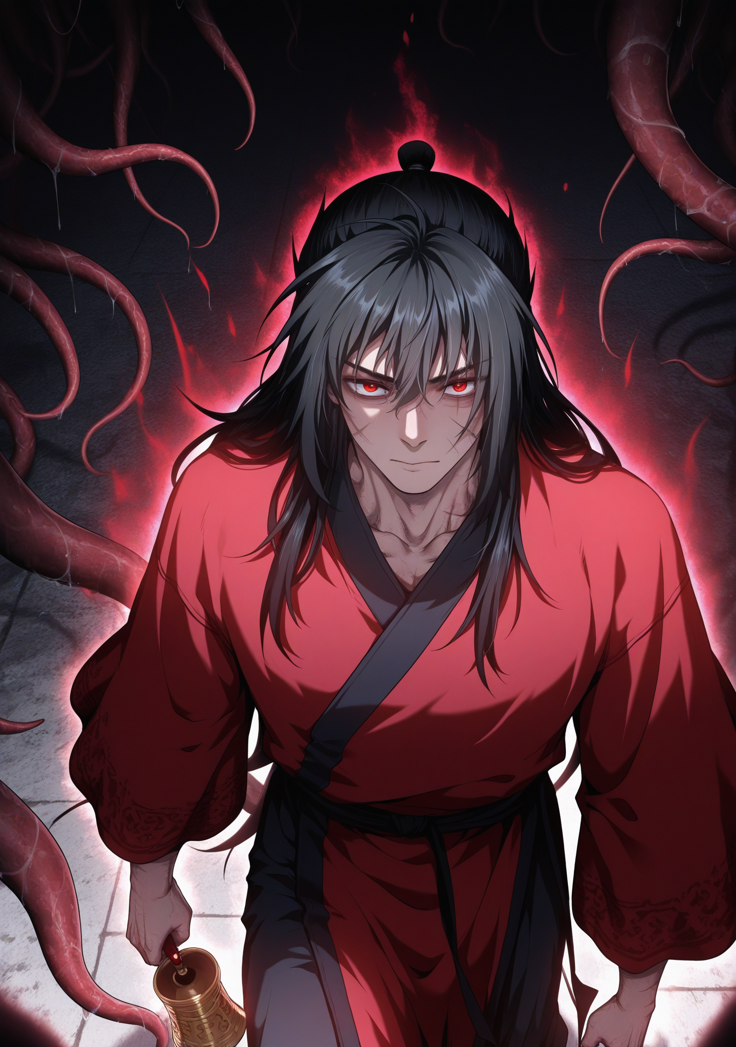 masterpiece,best quality,amazing quality,dark background,tentacles,red aura,red clothes,
1boy,looking at viewer,lihuowang,long hair,black hair,scar,walking,holding bell,from above,upper body,
<lora:lihuowang2:0.8>,