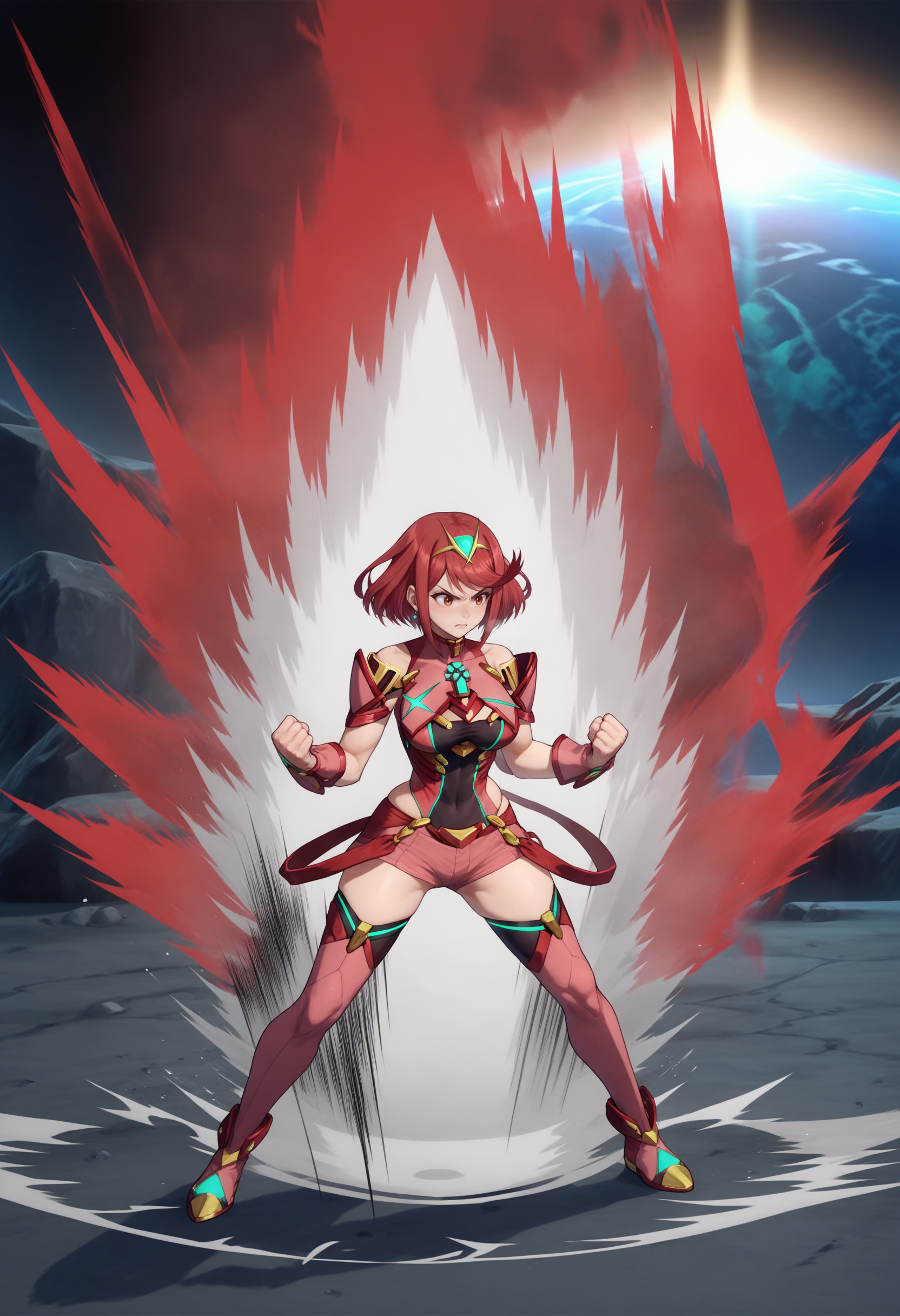 score_9, score_8_up, score_7_up, source_anime, 1girl, KI Charge, aura, full body, <lora:DBKiCharge_XLPD:1>, red aura, pyra (xenoblade), red hair, short hair, fighting stance, action pose, clenched hands, thighhighs,