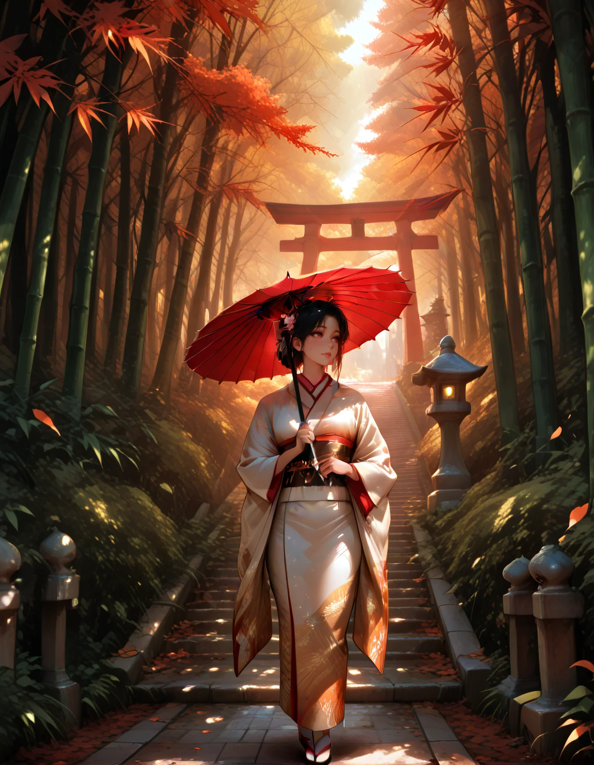 masterpiece, best quality, good quality, newest, highres, absurdres, 1girl, solo, facing front, black hair, holding, detailed, standing, outdoors, japanese clothes, wide sleeves, kimono, tree, sash, umbrella, sandals, obi, scenery, bamboo, nature, forest, walking, furisode,gold and orange details,kanzashi, holding umbrella, stairs, tabi, autumn leaves, falling leaves, oil-paper umbrella, parasol,bridge, zouri, torii, red umbrella, stone lantern, glowing, dappled sunlight <lora:FINALE:0.5> <lora:JuiceV1:0.5> <lora:Detailer_NoobAI_Incrs_v1:0.5> <lora:handPatchUnet:0.6> <lora:illustrious_noobai_epsilon_pred_1_best_quality_v1:0.5>