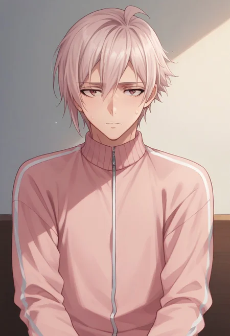 score_9, score_8_up, score_7_up, source_anime, highly detailed,
tennkujo, 1boy, male focus, solo, pink hair, looking at viewer, sit, tired, sweat, upper body, track jacket,
indoor,