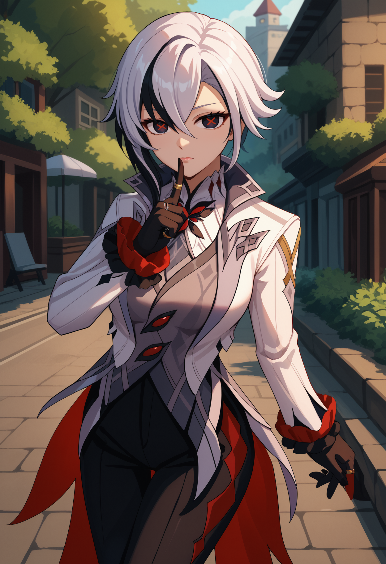 score_9, score_8_up, score_7_up, source_anime, <break> solo, 1girl, arlcno, closed mouth, looking at you, standing, shushing, finger to mouth, index finger raised, short hair, black eyes, red pupils, symbol-shaped pupils, x-shaped pupils, white jacket, open jacket, long sleeves, grey vest, black gloves, black pants, ring, large breasts, outdoors
<segment:yolo-face_yolov8m.pt,0.4,0.5//cid=1>