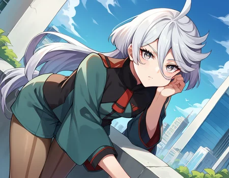 score_9, score_8_up, score_7_up, source_anime,
miorinerembran, <lora:miorine-rembran-ponyxl-lora-nochekaiser:1>,
miorine rembran, ahoge, grey eyes, grey hair, hair between eyes, long hair, swept bangs,
asticassia school uniform, front-seamed legwear, green jacket, green shorts, jacket, long sleeves, pantyhose, pantyhose under shorts, school uniform, seamed legwear, shorts, shoulder boards, swept bangs, wide sleeves,
outdoors, cityscape, bent over,
looking at viewer, dutch angle, cowboy shot,