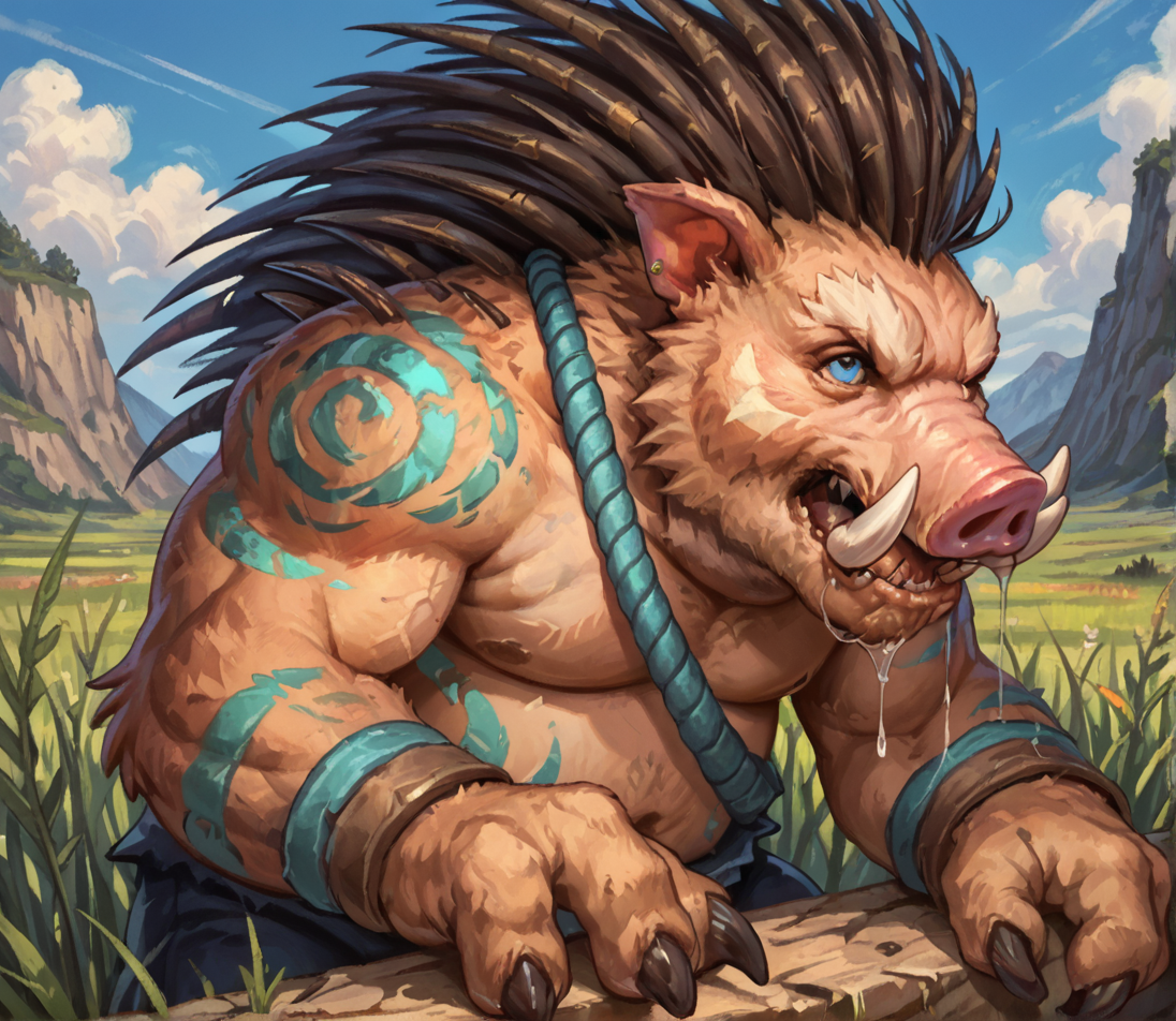 score_9_up,score_8_up,score_7_up,score_6_up,score_5_up,score_4_up, detailed, (best quality:1.2), hi res, digital media \(artwork\), rating_explicit, source_furry, source_monster, zPDXL3, BREAK,
 field background, blurry background, close up, portrait, (three quarter view), side view, open mouth, drool, saliva, saliva strand, spittle,
quillboar, monster, snout, tusks, digitigrade, (quills), back spikes, arm spikes, three fingers, tribal markings, pig nose, claws, muscular, pectorals, chubby, shoulder spikes, two toes, fur,
<lora:Quillboar for Pony:0.7>