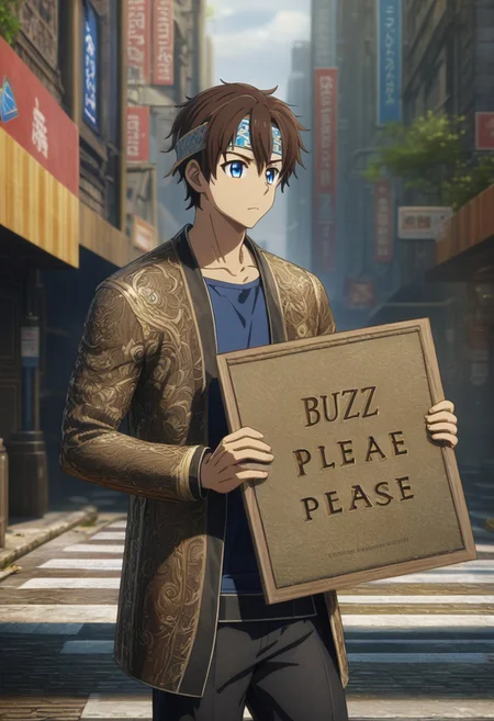 man holding a sign that says ("Buzz Please") text logo, male focus, 1man, fit body, brown hair, headband, blue eyes <lora:texta:0.9>, on the street, (anime, masterpiece, intricate:1), (best quality, hires textures, high detail:1), (4k),(incredibly detailed:1),UHD, 8K, ultra detailed​​​