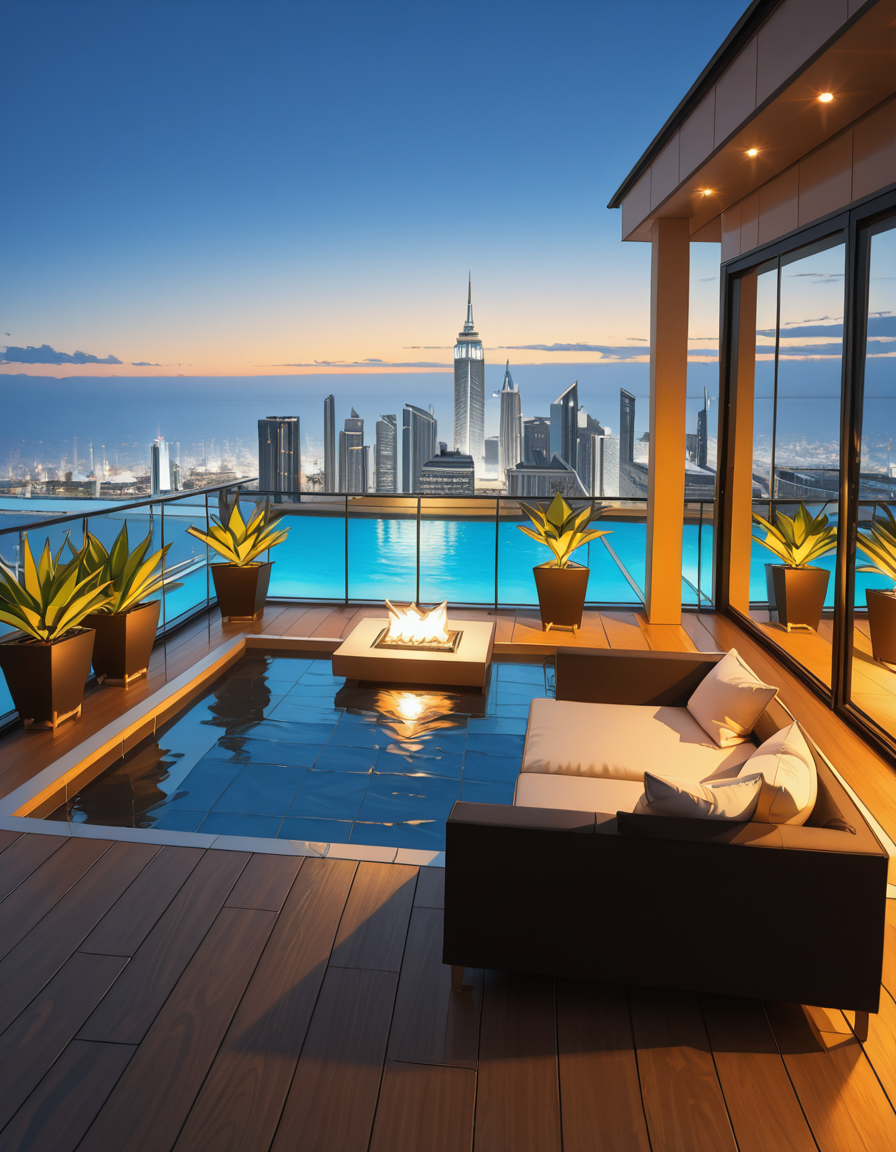 A breathtaking photo of a luxurious private rooftop at sunset, designed in a modern and elegant architectural style. The rooftop features a large infinity pool with crystal-clear water reflecting the warm golden hues of the sky. Surrounding the pool are plush, oversized lounge chairs with soft white cushions, neatly arranged under stylish wooden pergolas with flowing white curtains. In the background, a panoramic city skyline with shimmering skyscrapers stretches across the horizon. Ambient string lights hang delicately overhead, casting a soft, romantic glow. A chic outdoor bar with marble countertops is positioned on one side, decorated with fresh tropical plants and golden lanterns. The atmosphere feels serene and exclusive, with subtle reflections on the polished wooden floor. The lighting is a perfect mix of natural sunset tones and ambient soft white lights. The overall mood is peaceful, sophisticated, and inviting, ideal for an elite gathering or private escape.
<lora:SDXLFaeTastic2400:0.4> <lora:extremely_detailed:0.4> extremely detailed, <lora:luxurious_pr1v4t3_r00ft0p-i:1>,luxurious pr1v4t3 r00ft0p, Masterpiece,best quality,hi res,8k,hi res,8k,award winning,(sharp focus, intricate, highly detailed),