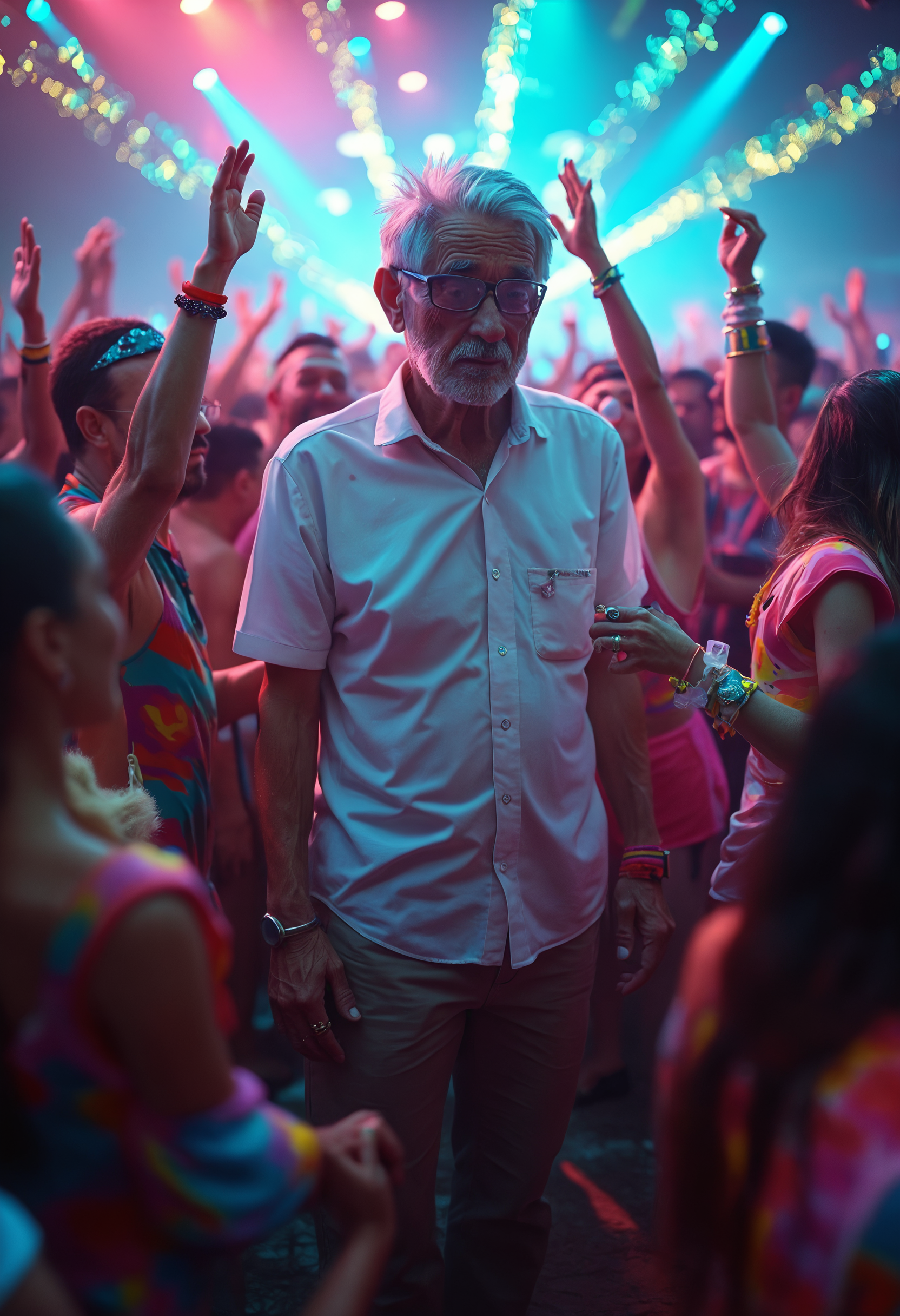 Hyperrealistic photograph of a senior citizen man, approximately 70 years old, standing in the middle of a crowded, vibrant rave. He wears a crisp white button-up shirt, neatly pressed khaki pants, and comfortable loafers, contrasting sharply with the colorful, eccentric outfits of the young ravers surrounding him. His silver hair is neatly combed, and he sports a pair of thick-rimmed glasses.
The elderly man's expression is a mix of bewilderment and amusement as he's engulfed by a sea of energetic 21-year-olds. Surrounding him are young ravers in neon clothing, body glitter, and futuristic accessories. Some wear glow sticks as bracelets or necklaces, while others sport elaborate face paint and wild hairstyles.
Strobe lights and lasers cut through the air, creating a dynamic play of colors across the crowd. The lighting alternates between deep shadows and bright flashes, highlighting the contrast between the senior's calm demeanor and the frenetic energy of the youth.
The background is a blur of movement: hands raised in the air, bodies dancing, and DJ equipment visible in the distance. Puffs of fog machine smoke add to the atmospheric haze.
The photograph captures the rich textures and details: the creases in the old man's shirt, the sheen of sweat on the young ravers' skin, and the intricate patterns of light playing across the scene. The depth of field focuses sharply on the senior citizen while slightly blurring the background, emphasizing his unique presence in this youthful setting.
