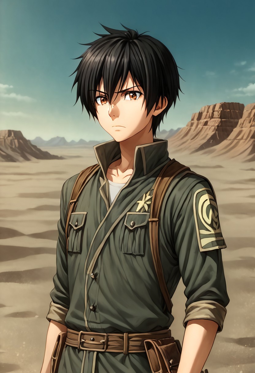 high resolution, solo, best quality, 1Boy, Seiya Kanie, Black Hair, Short Hair, Thin, Brown Eyes, Desert, sandstorm, lost, survival,