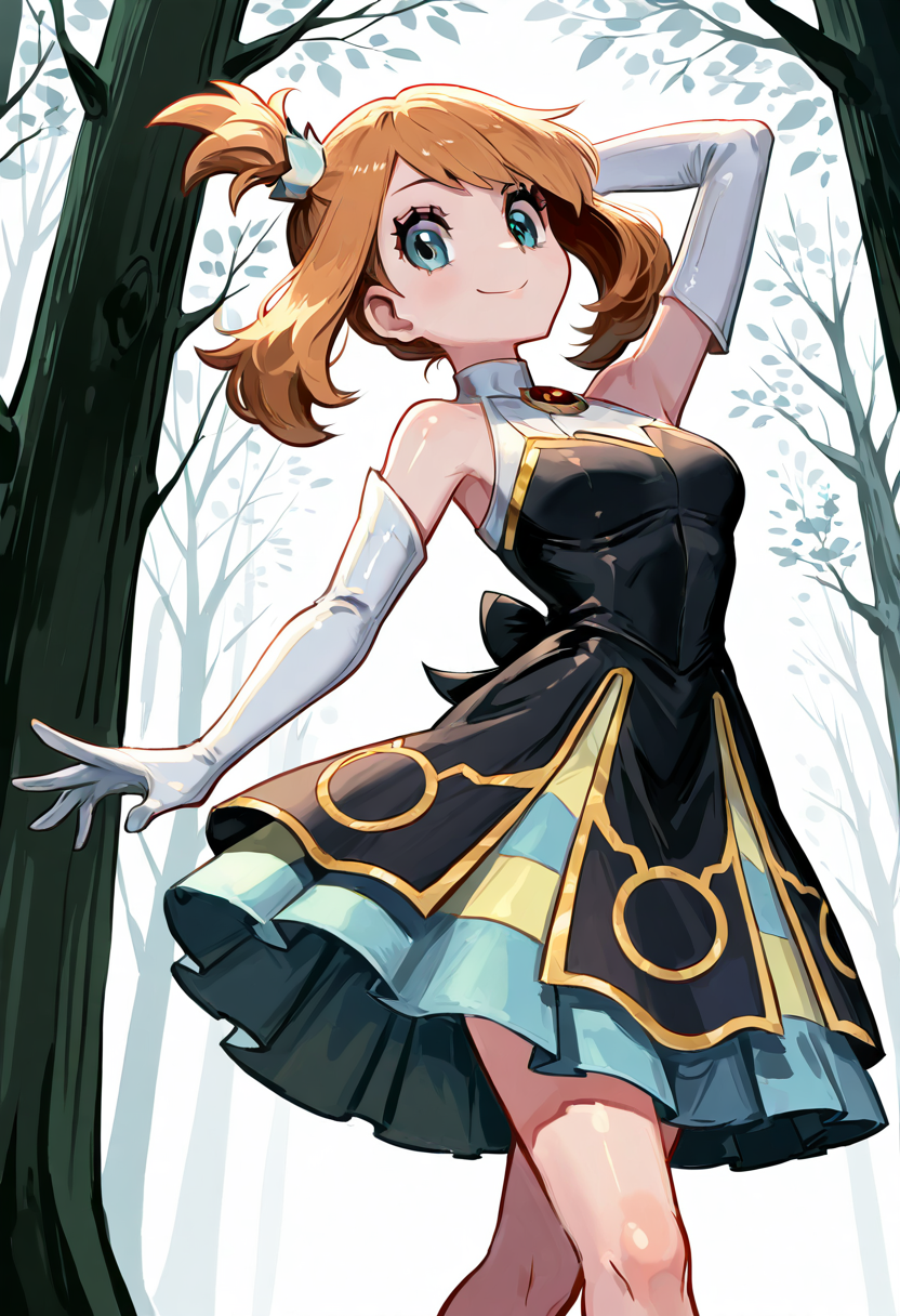 masterpiece, best quality, 1girl, eyelashes, (beautiful eyes), looking at viewer, smile,   zzMayCh, hair ornament, elbow gloves, white gloves, black dress, eyelashes, sleeveless dress, multicolored dress, solo, walking pose, misty forest, early morning light, dreamlike scene â Stepping through a misty forest bathed in pale morning light, zzMayChâs multicolored dress shimmers like a mirage, her hair ornament sparkling with every graceful step.  (dynamic pose, foreshortening),  ,<lora:MayChampionPokemon_IXL:1.0>,