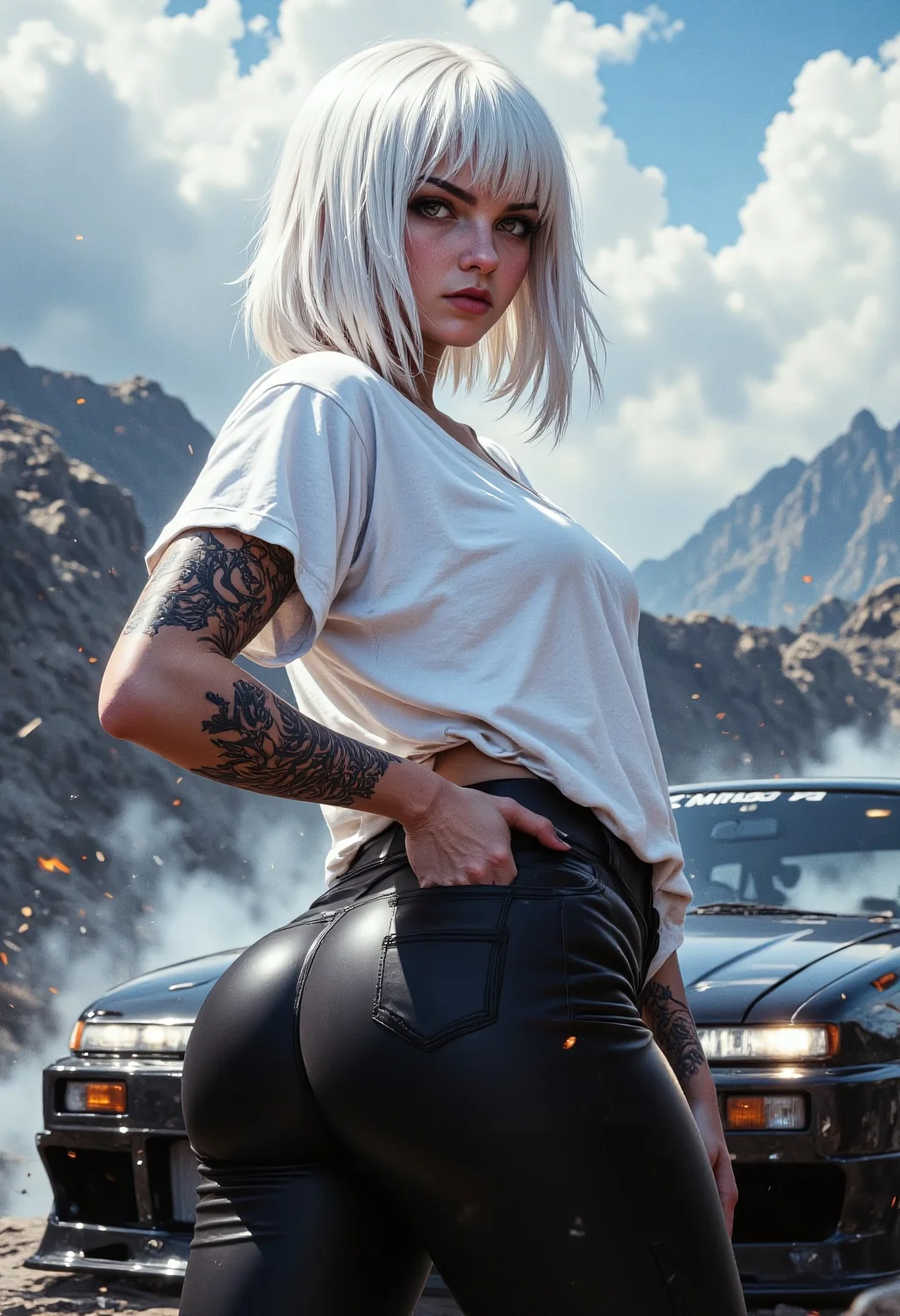 gorgeous girl, white hair , bob cut with straight bangs, chubby light pink lips, tattoo on shoulder, big ass, white loose t-shirt, black tight pants, butt support, back-side pose.
Nissan Skyline in the background, dynamic overcast clouds, detailed lighting, super detail