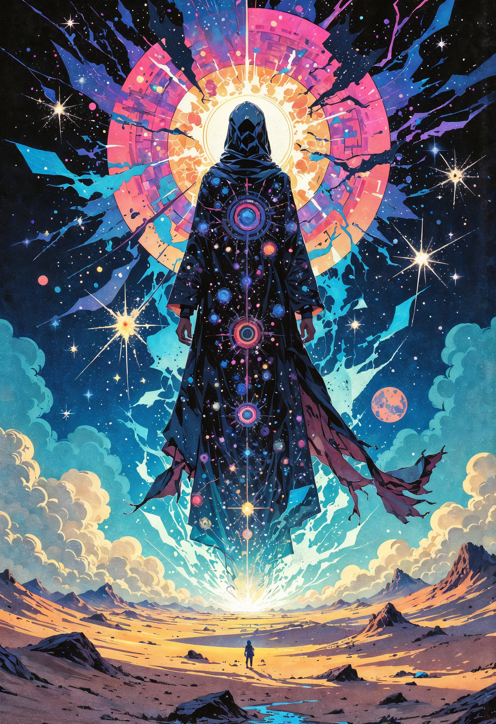 (in Otomo Katsuhiro style:1.2), masterpiece, high-quality, A modern oracle draped in translucent silks layered with intricate patterns of stars and geometric designs creating a kaleidoscopic effect, She floats above an endless desert under a fractured sky where starlight spills through cracks in the cosmos casting surreal reflections on the sands below, cosmic silks, desert mirage, starlit geometry, (Stylized abstract surrealism with geometric textures and a mosaic-like blending of colors:1.1), (elaborate fine details:1.1), (hyperdetailed:1.1), (intricate details:1.0), (Refined details:1.1), (best quality:1.1), (high resolution:1.2), <lora:FLUX\Anime v1.3:0.6> <lora:FLUX\VividlyReal:0.6> <lora:FLUX\FLUX-daubrez-DB4RZ:0.4>