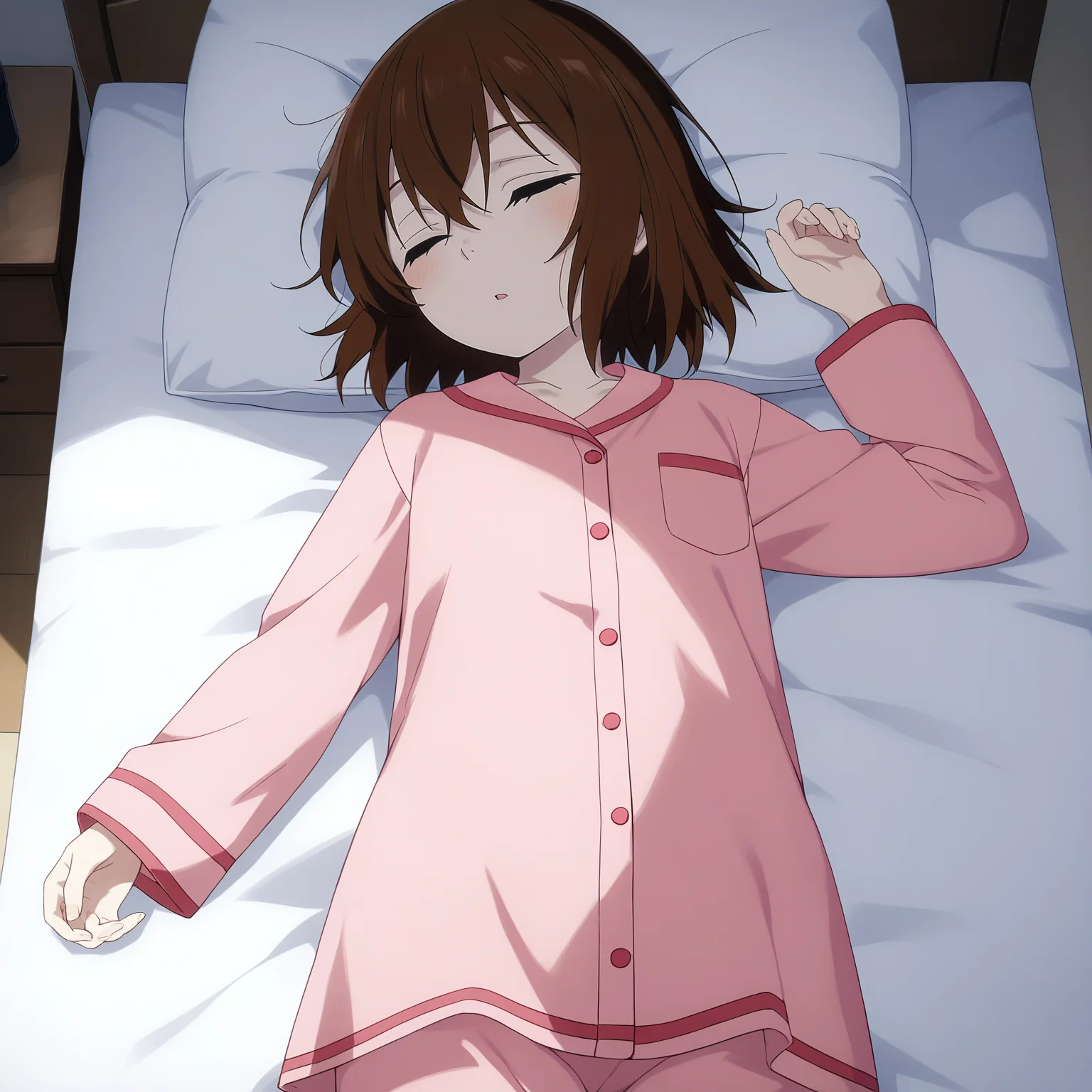 pixiv masterpiece, score_9, score_8_up, source_anime, score_7_up, best quality, high res, absurd res,
<lora:Kayo_Hinazuki_Illustrious_v19-000013:0.9>,kayo_hinazuki_il, 1girl, brown_eyes, short_hair, brown_hair, solo, lying, bed, pink_pajamas, cowboy shot, closed_eyes, sleeping