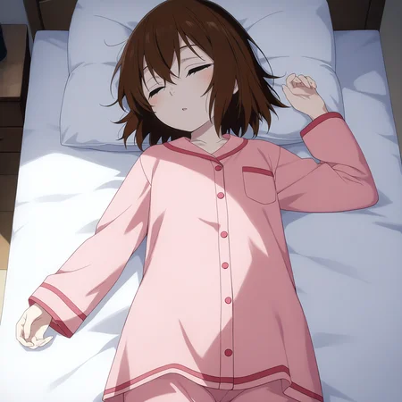 pixiv masterpiece, score_9, score_8_up, source_anime, score_7_up, best quality, high res, absurd res,
<lora:Kayo_Hinazuki_Illustrious_v19-000013:0.9>,kayo_hinazuki_il, 1girl, brown_eyes, short_hair, brown_hair, solo, lying, bed, pink_pajamas, cowboy shot, closed_eyes, sleeping