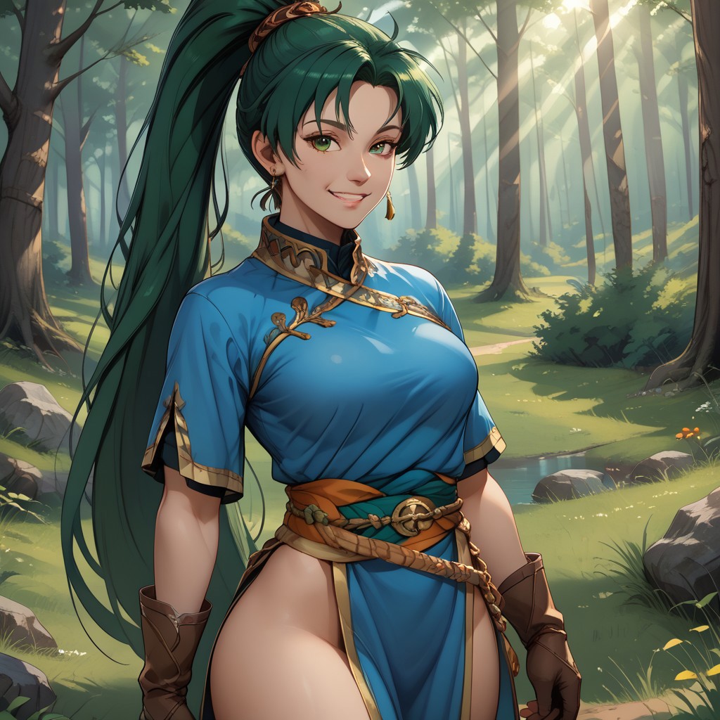 score_9, score_8, BREAK, solo, 1 Girl, long green hair in a high ponytail, blue tunic, pelvic curtain sash, long flowing side slits, brown leather boots, brown gloves, gold belt, wearing thigh-high boots with intricate designs, sexy pose, self portrait, smile, looking at viewer, outdoors, sunlight, shadows, evening lighting, natural lighting, forest, trees, grass, orange sky, sunset