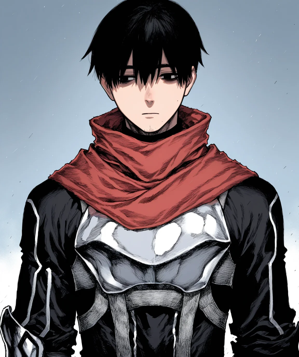 intricately detailed illustration, shiny skin, masterpiece, best quality, amazing quality, very aesthetic, newest, scenery, (volumetric lighting:1.1), (full color:1.2), clear line, solo, <lora:worm_v1:1>, 1boy, worm, black hair, black eyes, stubble, black clothes, long sleeves, red scarf, black armor, expressionless, upper body, simple background, <lora:LECO_BadHands:1.2>, <lora:LECO_GoodHands:-1.2>, <lora:cfg_scale_boost:0.7>, <lora:Fixhand:1>